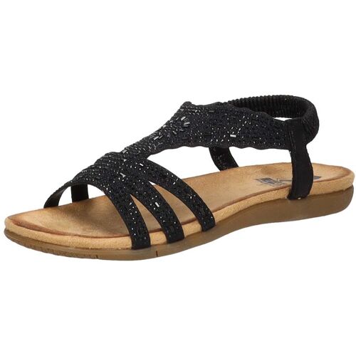 Schwarze Damensandale mit elastischen Riemen und flacher Sohle.