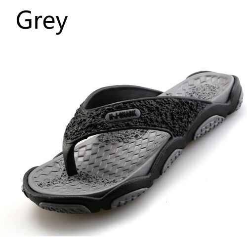 Graue Flip-Flop-Sandale mit strukturiertem Muster.