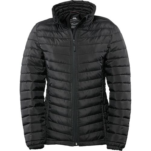 Schwarze gesteppte Jacke mit Kapuze und Reißverschluss.
