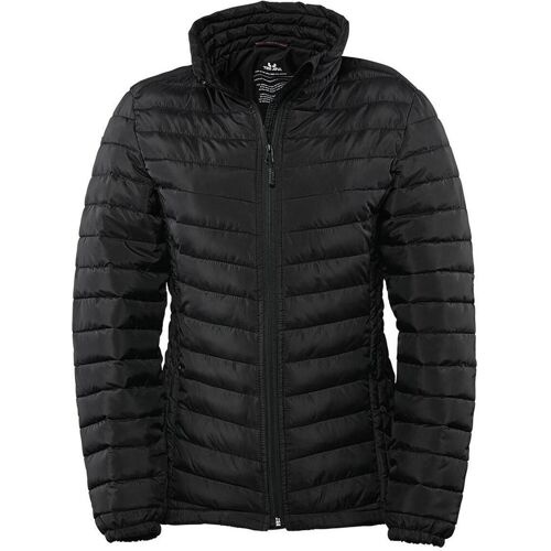 Schwarze Steppjacke mit Reißverschluss und Kapuze, Vorderansicht.