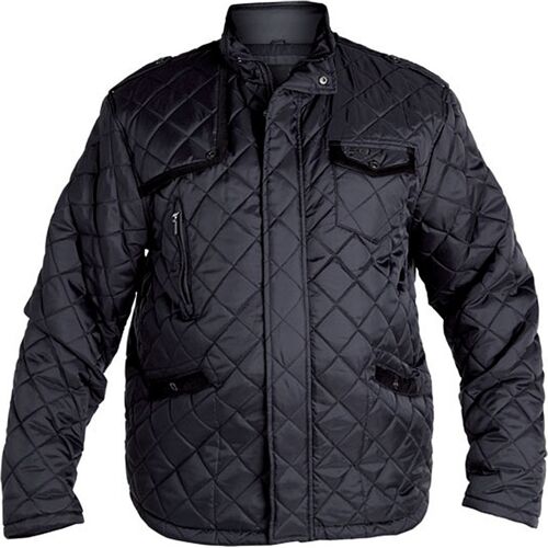 Schwarze Steppjacke mit Reißverschlüssen und Taschen, ärmellose in Form.