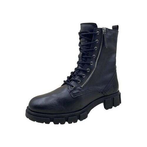 Schwarzer Schnürstiefel aus Leder mit Reißverschluss und robuster Sohle.