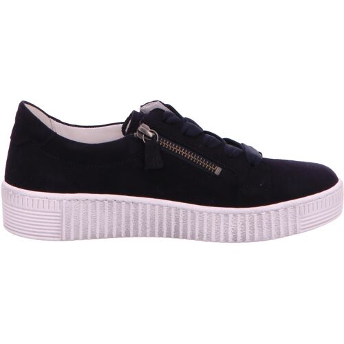 Schwarzer Sneaker mit weißer Plateau-Sohle, dekorativem Reißverschluss und breiten schwarzen Schnürsenkeln.