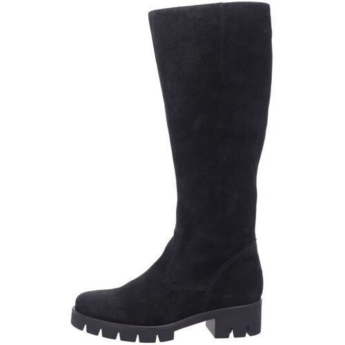 Schwarzer Damenstiefel mit hoher Schaftlänge und grober Profilsohle.