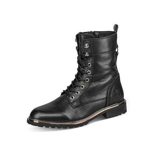 Schwarzer Lederstiefel mit Schnürung auf weißem Hintergrund.