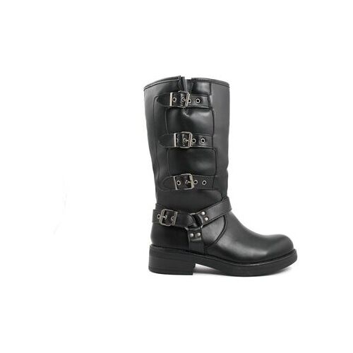 Schwarzer Lederstiefel mit mehreren Schnallen und flachem Absatz.
