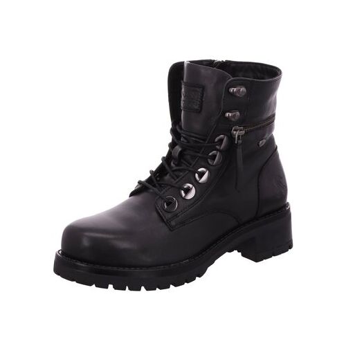 Schwarzer Schnürstiefel aus Leder mit grober Sohle und Reißverschluss.