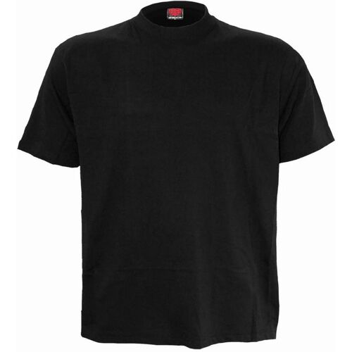 Schwarzes T-Shirt mit Rundhalsausschnitt und kurzen Ärmeln auf weißem Hintergrund.