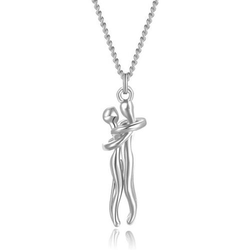 Silberne Halskette mit einem abstrakten Anhänger in Umarmungsdesign. Silberne Halskette mit einem abstrakten Anhänger in Umarmungsdesign.