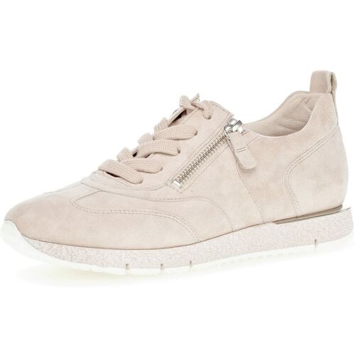 Beiger Sneaker mit seitlichem Reißverschluss und heller Sohle.