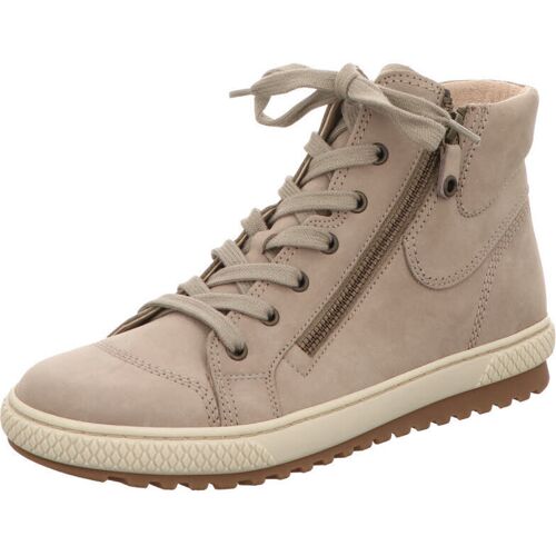 Beiger High-Top-Sneaker mit Schnürsenkeln, seitlichem Reißverschluss und Gummisohle.