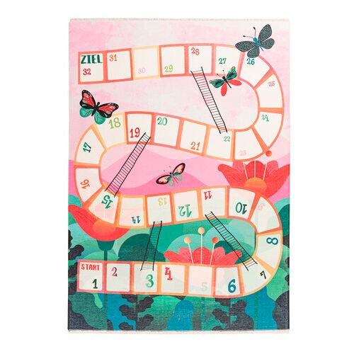 Buntes Spielbrett mit Leitern, Schmetterlingen und Blumen auf rosa Hintergrund.