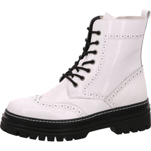 Weißer Brogue-Stiefel mit schwarzer Schnürung und solider, profilierter Sohle. Weißer Brogue-Stiefel mit schwarzer Schnürung und solider, profilierter Sohle.