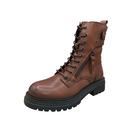 Brauner Lederstiefel mit Schnürung und seitlichem Reißverschluss.