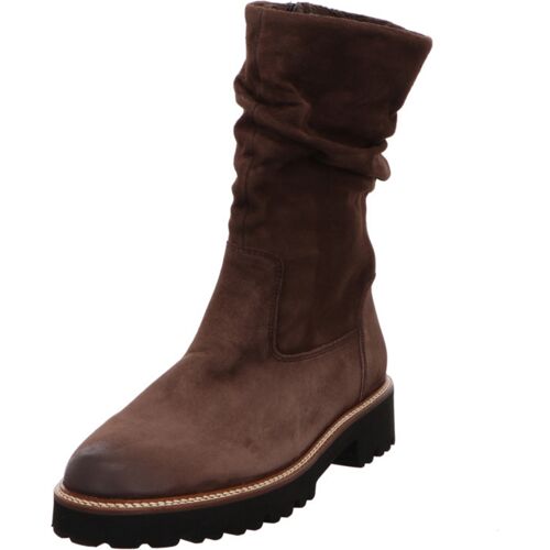 Brauner Damenstiefel mit profilierter Sohle und mittelhohem Schaft. Brauner Damenstiefel mit profilierter Sohle und mittelhohem Schaft.