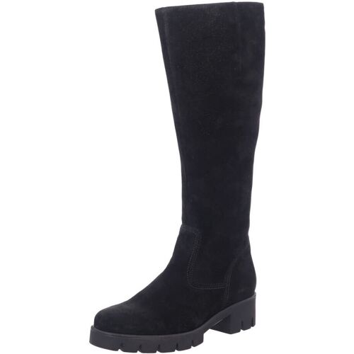 Schwarzer Damenstiefel aus Leder mit niedrigem Absatz und strukturierter Sohle. Schwarzer Damenstiefel aus Leder mit niedrigem Absatz und strukturierter Sohle.
