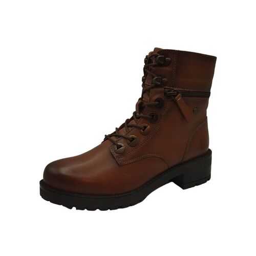 Brauner Schnürstiefel mit schwarzer Sohle und seitlichem Reißverschluss auf weißem Hintergrund.
