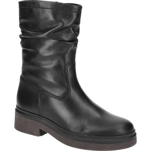 Schwarzer Lederstiefel mit mittlerem Absatz und gerafftem Schaft. Schwarzer Lederstiefel mit mittlerem Absatz und gerafftem Schaft.