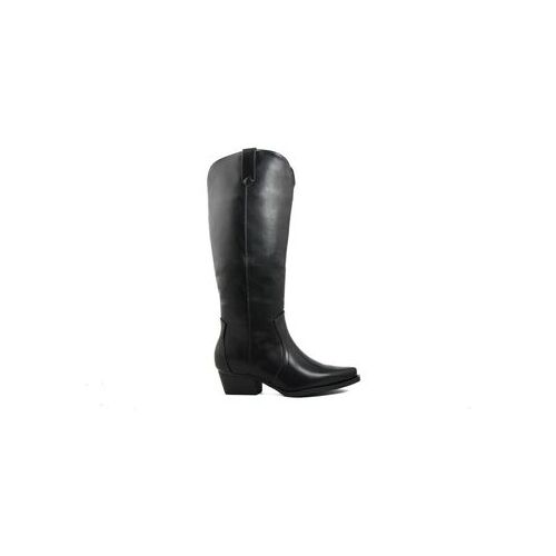 Schwarzer Lederstiefel mit niedrigem Absatz und abgerundeter Spitze, seitliche Ansicht.