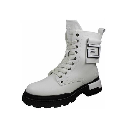 Weißer Stiefel mit schwarzer Sohle und Schnürsenkeln.