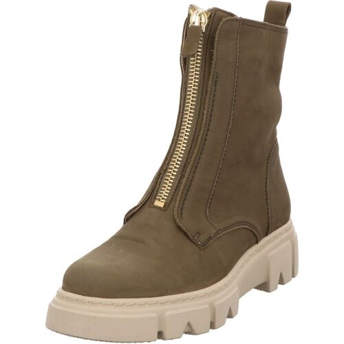 Brauner Stiefel mit Reißverschluss und beiger Plateau-Sohle.