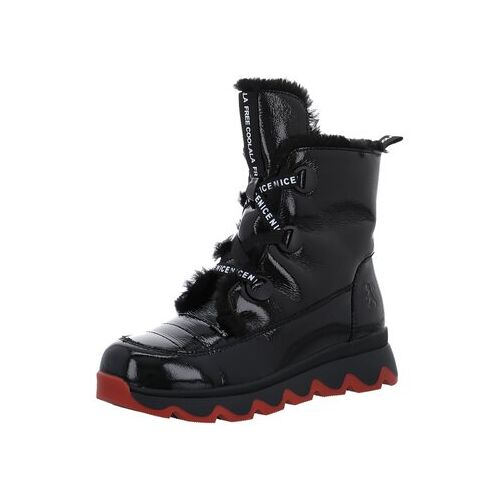 Schwarzer Winterstiefel für Damen mit roter Sohle und Kunstpelzbesatz.