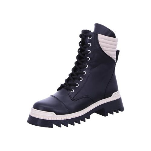 Schwarzer Lederstiefel mit weißer Sohle und gezacktem Profil.