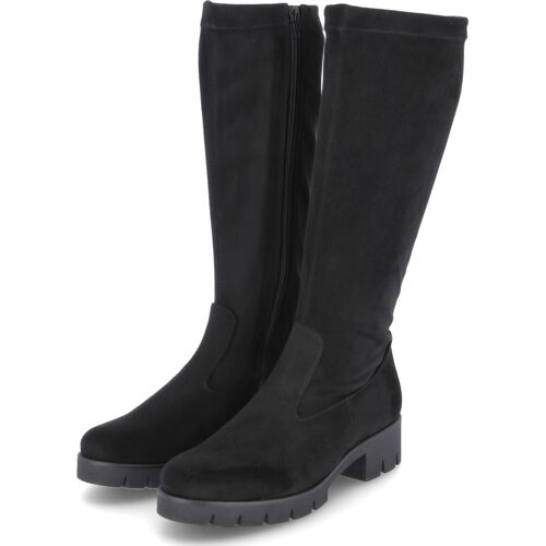 Schwarze kniehohe Stiefel mit Reißverschluss und Blockabsatz auf weißem Hintergrund. Schwarze kniehohe Stiefel mit Reißverschluss und Blockabsatz auf weißem Hintergrund.