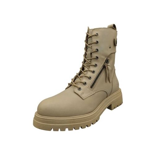 Beiger Schnürstiefel mit Reißverschluss, seitlicher Ansicht.