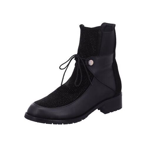 Schwarze modische Stiefelette mit Schnürung und dekorativem Schaft.