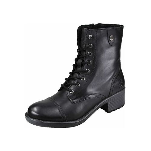 Schwarze Lederstiefelette mit Schnürung und mittlerem Absatz auf weißem Hintergrund.