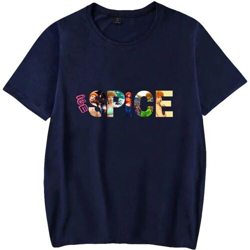 Dunkelblaues T-Shirt mit buntem Buchstaben-Aufdruck auf Vorderseite.