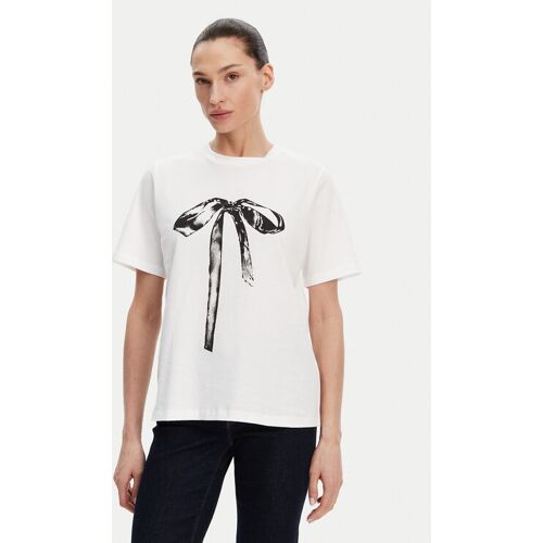 Weißes T-Shirt mit großem schwarzem Schleifenmotiv in der Mitte.