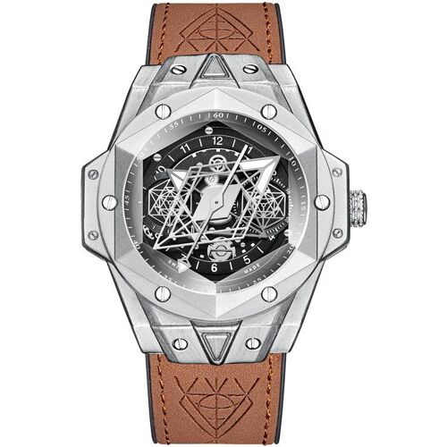 Geometrische Armbanduhr mit Lederarmband und silbernem Zifferblatt.