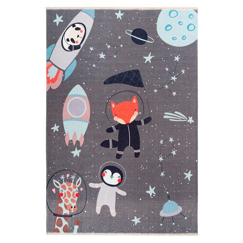 Teppich mit Tier-Astronauten im Weltraum und Raketen auf grauem Hintergrund.