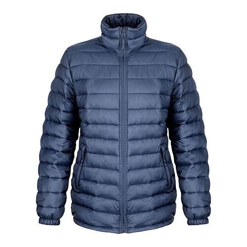 Blaue gesteppte Daunenjacke mit Reißverschluss und Stehkragen.