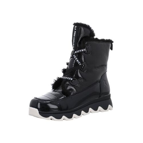 Schwarzer Winterschuh mit Fellfutter und dicker Sohle.